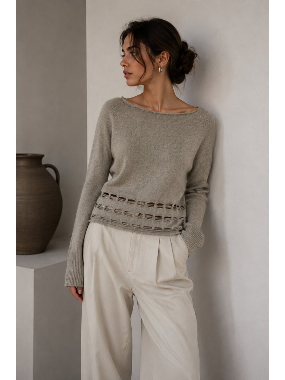 Qi Cashmere Sweater Women S Taupe 100% Cashmere Openwork Cutout Pullover